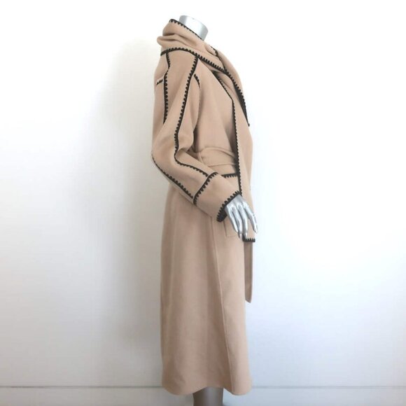 Maje Gicoco Belted Scarf Coat Camel Embroidered Double-Faced Wool Size 34 NEW - Picture 5 of 10